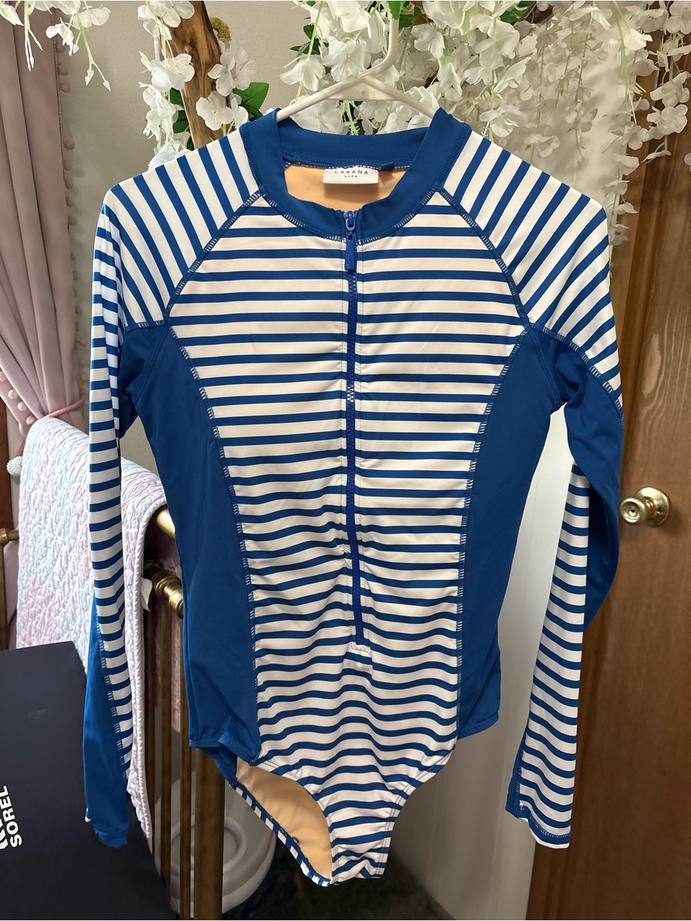 Cabana Life Blue and White Striped Long-Sleeve One-Piece Rash Guard